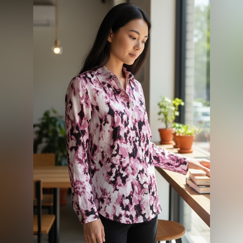 Chico's Pink Black Long Sleeve Button Down Shirt - Size 0